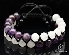 "Peace And Calm Bracelet Natural Selenite, Amethyst Macrame Double Row Bracelet Gift For Mom Mom Gift Idea Healing Gemstone Bracelet -ALL THE PRODUCTS AT ELISAJEWELRYART ARE HANDMADE AND MADE WITH NATURAL BEADS. -WHAT DOES THE AMETHYST STAND FOR The name amethyst translates in Greek to, \"not drunken.\" An ancient Greek myth explains this seemingly odd name. According to the myth, the god Bacchus was angry, and had vowed to descend a hoard of tigers upon the first person who crossed his path. Am Handmade White Amethyst Bracelets, Handmade Spiritual Amethyst Beaded Bracelets, Amethyst Beaded Bracelet For Meditation, Spiritual Black Amethyst Beaded Bracelets, Amethyst 8mm Beads Bracelet For Meditation, Spiritual Amethyst Bracelet With 8mm Beads, Amethyst Properties, Men's Earrings, Peace And Calm