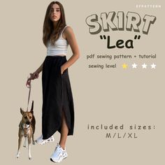 a woman in white shirt and black skirt holding a brown dog on leash with text that reads, skurf led