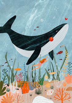 an illustration of a whale swimming in the ocean surrounded by corals and seaweed