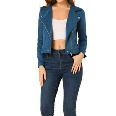 Make a smart casual look with this faux suede moto jacket. This cropped biker jacket is never out of style. The fabric is very soft and has perfect thickness all year round. Pair with basic tops and jeans for a cool look. Occasion: Dating, Weekend, Holiday, Work, etc. The body size chart shows the fitting size, please check your measurements to make sure the item fits before ordering. The model is wearing an XS. (Height: 5'7", Chest: 33 inches, Waist: 24 inches, Hip: 36 3/8 inches, Weight: 122 l Blue Biker Jacket For Spring, Trendy Blue Leather Jacket With Zipper, Casual Suede Biker Jacket For Fall, Casual Blue Biker Jacket With Pockets, Fitted Blue Biker Jacket With Long Sleeves, Spring Blue Biker Jacket, Casual Suede Biker Jacket, Trendy Blue Leather Jacket With Zipper Closure, Casual Fitted Suede Biker Jacket