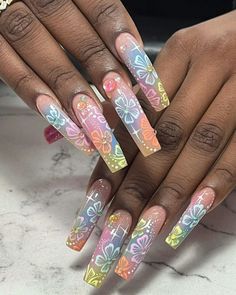 This Viral Hibiscus Flower Nail Art Tutorial Is Actually Genius Tropical Nails Acrylic, Tropical Acrylic Nails, Nails Hibiscus, Hibiscus Flower Nails, Hibiscus Nail Art, Nails Multicolor, Hibiscus Nails, 3d Flower Nails, Chrome Nail Art