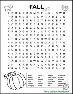 the fall word search is shown in black and white