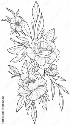 a drawing of flowers with leaves on the bottom and one flower in the top corner