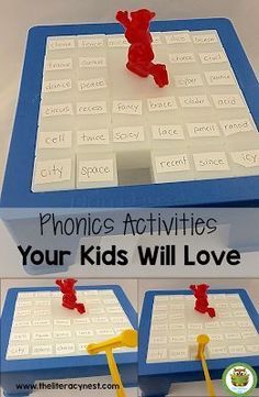 an activity box for kids to practice phonicic activities with the help of legos