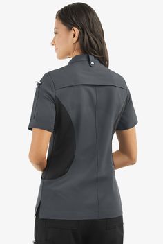 Look great, feel great, cook great. This Stretch Chef Coat covers the first two – with comfort features like 4-way stretch, flattering tech mesh side panels and a tech mesh-lined back vent. And pockets! Chef PERFORMANCE gets the job done. From technical fabric to functional features, it’s designed to enhance life in a professional kitchen • Modern fit • Stand collar • Asymmetrical hidden-snap closure • Total of 4 pockets • 2 front pockets • 1 hidden pocket in right front pocket • 1 pen/thermomet Male Scrubs, Chef Design, Chef Coats, Chef Uniforms, Short Sleeve Coat, Medical Scrubs Outfit, Scrubs Dress, Chef Shirts, Chef Pants