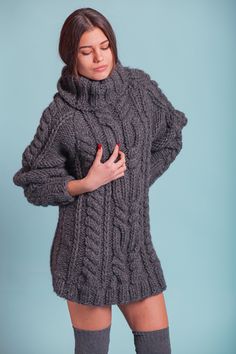 Cozy Long Sleeve Knitted Tops, Knitted Long Sleeve Sweater, Winter Knitted Long Sleeve Tops, Long Sleeve Knitted Sweater, Gray Long-sleeved Knitted Sweater Dress, Hand Knitted Sweater Dress For Winter, Hand Knitted Gray Sweater For Fall, Cozy Hand Knitted Long Sleeve Sweater, Gray Hand Knitted Sweater For Fall