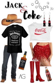 an image of a man and woman dressed up for halloween with beer, cowboy boots, and t - shirt