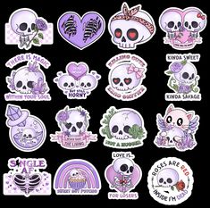 a bunch of stickers with skulls and hearts on them, all in different colors