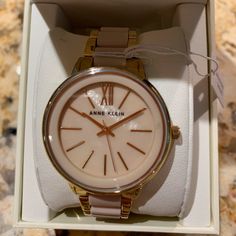 Brand New In Box. Never Worn!! Elegant Pink Analog Watch, Classic Pink Watch As Gift, Classic Pink Watches As Gift, Pink Watches As Gift, Pink Round Watches For Gifts, Burgundy Skater Dress, Ladies Bracelet Watch, Anne Klein Watch, Ceramic Watch