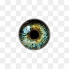 an eye looking up at the sky with blue and yellow irises on it's side