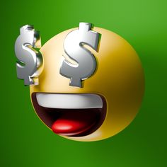 a smiley face with two dollar signs sticking out of it's mouth on a green background