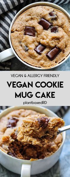 vegan chocolate chip cookie mug cake in a white bowl with text overlay that reads vegan and allergy friendly vegan cookie mug cake