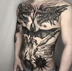 a man with many tattoos on his chest