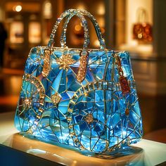 Welcome to my high-concept designer handbag art, intended for the wall or a shelf, possibly as part of a retail display.  Art Description: Collection: Lumière Vitrail The "Lumière Vitrail" collection merges the artistry of stained glass with the fashion-forward design of high-end handbags. Each piece in the collection showcases a brilliant blue palette, symbolizing both the sky and sea, which brings a sense of calm and serenity. Using polished brass and delicate jewels adds a touch of opulence a High End Handbags, L'art Du Vitrail, Unique Handbag, Blue Palette, Flowers Wallpaper, Casual Sport, Functional Accessories, Stained Glass Art, Branded Bags