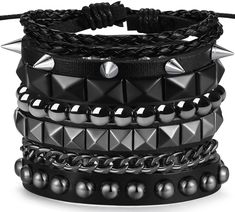 PRICES MAY VARY. Punk Rock: Sahoottie studded bracelet are suitable for men and women who like punk, gothic and rock styles. You can wear one of the bracelets alone, or wear multiple bracelets, or even match them with other different bracelets to show your unique personality aesthetic. Size: The emo bracelet size is 6.8-7.4 inches, the snaps of the leather bracelet are adjustable, and the beads are designed with elastic ropes. You can adjust the size by changing the position of the snaps. The co Punk Bracelets, Emo Jewelry, Studded Bracelet, Spike Bracelet, Gothic Bracelet, Grunge Jewelry, Punk Accessories, Metal Cuff Bracelet, Bracelet Metal