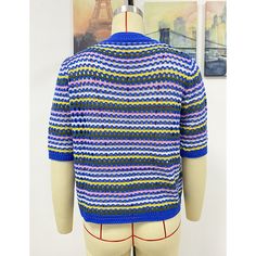 Blue Colorblock Striped Hollow Out Knit Sweater Blue Patchwork Crew Neck Sweater, Blue Color Block Crew Neck Sweater, Blue Knit Sweater With Patchwork, Blue Knit Color Block Tops, Blue Textured Knit Crew Neck Top, Blue Retro Knit Sweater, Blue Knitted Crew Neck Top, Retro Blue Knit Sweater, Blue Open Knit Top For Fall