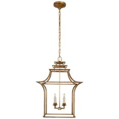 an antique brass hanging light fixture with three candles on the bottom and one candle in the middle