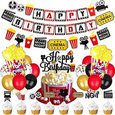 PRICES MAY VARY. ❤【Movie theme birthday party decoration set】Movie Night birthday party decoration set: 1pcs birthday cake topper; 24pcs glitter movie cupcake cake toppers totally 8 styles, 4pcs per style; 1pcs HAPPY BIRTHDAY banner; 1pcs garland with movie theme elements; 2 popcorn foil balloons; 12 latex balloons with 4 different colors. Great Party Decoration for Movie Night or any Movie Theme Party. ❤【14pcs Movie Theatre Time party latex foil balloons】2pcs popcorn foil balloons are hard to f Movie Theater Birthday Party Ideas, Movie Theatre Birthday Party, Movie Themed Birthday Party, Movie Party Decorations, Movie Theme Birthday Party, Kid Friendly Party, Movie Night Birthday, Movie Night Birthday Party, Movie Birthday Party