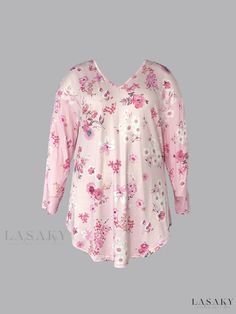 Lasaky - Medium-Stretch Floral Long Sleeve V-Neck Plus Size Casual T-Shirt for Women Floral Print V-neck Top For Loungewear, Printed V-neck Tops For Loungewear, Floral Printing, Fabric Medium, T Shirt For Women, Casual T Shirt, Plus Size Casual, Elegant Woman, Spring And Fall