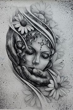 a drawing of a woman's face with flowers in her hair and hands on the side