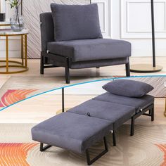 a chair and ottoman sitting on top of a rug