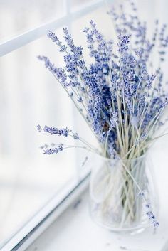 a vase filled with purple flowers sitting on top of a window sill