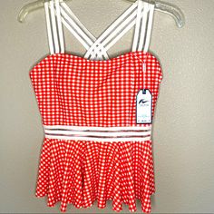 You Di An Red Swim Peplum Top Size M Red Sleeveless Top For Picnic, Red Sleeveless Holiday Tops, Sleeveless Tops For Spring Holiday, Red Summer Tops For Picnic, White Fitted Top For Picnic, Swim Skort, Plaid Bikinis, Swimsuit Skirt, Vix Swimwear