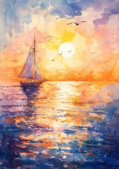 a painting of a sailboat in the ocean at sunset