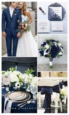 a collage of photos with blue, white and green wedding colors in the same color scheme