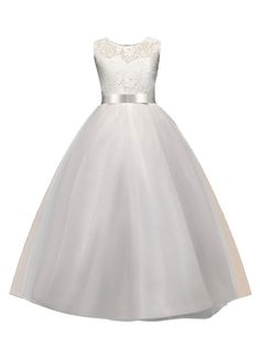 Formal Little Kids Dress for Wedding Jewel Neck Sleeveless Flower Girl Floor Length Dresses White Sleeveless Ball Gown For Prom, Sleeveless White Ball Gown For Prom, White Sleeveless Ball Gown For Bridesmaid, Princess Style Sleeveless Bridesmaid Dress, White Sleeveless Bridesmaid Ball Gown, Sleeveless Tulle First Communion Dress, Princess Style Sleeveless First Communion Dress, White A-line Princess Dress For Wedding, White Sleeveless Princess Dress For Confirmation