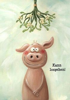 a painting of a pig with flowers hanging from it's head above its head