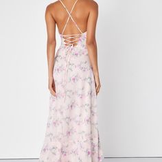 Maxi Dress In Love Forever Blush Floral Pink Summer Dress With Lace-up Back, Feminine Beach Dress With Lace-up Back, Feminine Lace-up Back Beach Dress, Pink Sleeveless Dress With Lace-up Back, Sleeveless Pink Dress With Lace-up Back, Lace-up Back Maxi Dress For Spring Brunch, Spring Maxi Dress With Lace-up Back For Brunch, Pink Floral Print Backless Maxi Dress, Feminine Floral Print Backless Maxi Dress