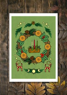 a christmas wreath with candles and pine cones on a green background, surrounded by leaves