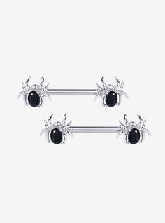 Silver-toned nipple barbells featuring black gem-decorated spiders. Jewelry care: Wash with antibacterial soap and warm water. Piercing care: Wash hands thoroughly  then clean piercing with H2Ocean (sold separately) or saline solution. Bridge Piercing Jewelry, Cleaning Piercings, Aesthetic Lookbook, Piercing Care, Bridge Piercing, Clean Jewelry, Saline Solution, Piercing Inspo, Jewelry Piercing