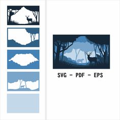 the silhouettes of trees and animals are shown in blue, black and white colors