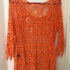 Pretty Orange Crocheted Beach Cover Up. Jagged Hem And Sleeves, Scooped Neck. Grt Over Your Bathing Suit, Or With A Cami Underneath. Never Worn, Been In My Closet Since Last Year. Beach Season Party Crochet Top, Summer Crochet Top For Beach Season Party, Orange Summer Top For Beach, Orange Summer Beach Top, Crochet Lace Summer Beach Tops, Crochet Lace Tops For Summer Beach, Summer Party Crochet Top With Crochet Lace, Bohemian Crochet Top For Spring Party, Summer Party Crochet Lace Top