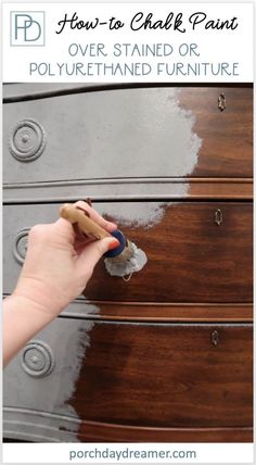 someone is painting an old dresser with white paint and the words how to chalk paint over stained