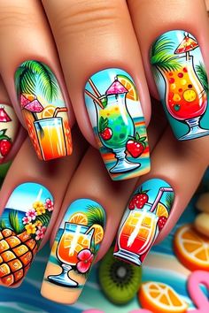 Funky Nail Art Trendy Summer, Happy Birthday Drinks, Ideas Pedicure, Tropical Nail Art, Nails Metallic, Nails Holographic, Disney Acrylic Nails, Nails Gradient, Nail Designs For Summer