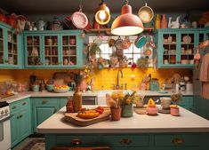 a kitchen filled with lots of green cupboards and counter top covered in pots and pans