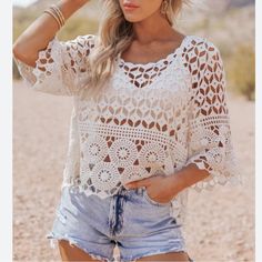 Fall In Love With Our Sunny Days Natural Crochet Top For The Summer! Intricate Crochet Details Make For An Effortless Bohemian Chic Look! Just Layer Over Your Favorite Bikini Or Bralette Along With Some Denim Shorts, Slide Sandals, And A Few Gold Jewelry Pieces To Complete The Look. Preppy - Business Shacket Professional - Turtleneck Sherpa Workplace Wear - Fall - Winter - Spring - Flowy Summer - 90s - Sweater Top Dress Pants - Blazer - Blouse - Holiday Party - Christmas Dress - Thanksgiving - D Bohemian V-neck Crochet Top For Fall, Bohemian V-neck Crochet Top For Day Out, Bohemian V-neck Crochet Top For Brunch, Bohemian Crochet V-neck Top For Day Out, Fitted V-neck Bohemian Crochet Top, Preppy Business, Blazer Blouse, Summer 90s, Preppy Prom