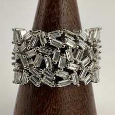 Vintage Cubic Zirconia Sterling Silver Cluster Ring, UK Size T1/2, US Size 10, EU Size 61 3/4, Stamped 925, Front Max Length 14.0mm, Weight 8.07 Grams, One Gem Missing, Otherwise, Lovely Condition Silver Cluster Ring With Baguette Diamonds For Anniversary, Silver Cluster Ring With Baguette Diamonds, Silver Cluster Diamond Ring With Baguette Diamonds, Silver Baguette Diamond Ring With Round Cut, Silver Diamond Ring With Baguette And Round Cut, Silver Ring With Baguette Diamonds, Vintage Cluster Ring, Us Size 10, Cluster Ring