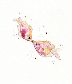 watercolor painting of two fish on white paper with red and yellow dots around them