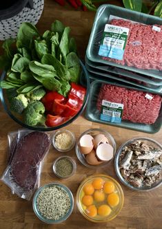 the ingredients for this meal include meat, eggs, tomatoes, broccoli and spinach