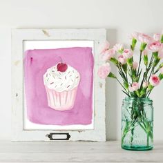 a painting of a cupcake and pink flowers in a mason jar on a shelf