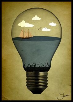 a painting of a light bulb with a boat inside it and clouds in the sky