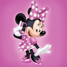 the minnie mouse character is dancing in pink and white polka dots