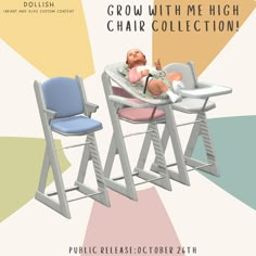 a baby is sitting in a high chair next to two chairs with the words grow with me high chair collection