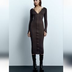 Ribbed Front Hook Closures Runs Small Fitted Ribbed Midi Dress By Zara, Zara Long Sleeve Ribbed Dress, Zara Ribbed Midi Dress For Fall, Zara Ribbed Dresses For Fall, Zara Fitted Ribbed Midi Dress, Zara Ribbed Midi Dress, Zara Midi Ribbed Dress, Elegant Ribbed Zara Dress, Zara Ribbed Midi Dress For Spring