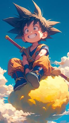 a young gohan sitting on top of a cloud with a baseball bat in his hand