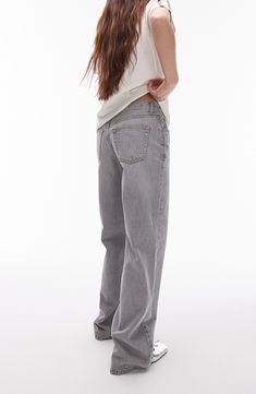 Low-slung nonstretch jeans are cut with puddling cuffs and turned to a dreamy shade of ultralight grey. 30" inseam; 21" leg opening; 10" front rise; 13 1/2" back rise (size 32) Zip fly with button closure Five-pocket style 100% cotton Machine wash, line dry Made in Turkey Gray Flare Jeans With Five Pockets, Spring Gray Denim Flare Jeans, Spring Gray Flare Denim Jeans, Mid-rise Gray Jeans For Fall, Gray Jeans With Five Pockets For Spring, Gray Five-pockets Jeans For Spring, Gray Five-pocket Jeans For Spring, Fall Mid-rise Gray Jeans, Everyday High Rise Gray Bottoms